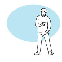 cheio comprimento do homem usando Smartphone em azul em branco espaço ilustração vetor mão desenhado isolado em branco fundo