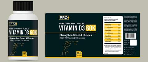 Vitamina d3 rótulo Projeto suplemento rótulo Projeto multivitaminas rótulo, softgel Projeto vetor
