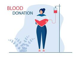 voluntário mulher em pé com coração e doando sangue. doador. conceito do doação, mundo sangue doador dia, sangue banco, saúde Cuidado. vetor ilustração dentro plano Projeto para livro, bandeira, cartão