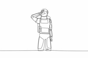 contínuo 1 linha desenhando do jovem astronauta em pé com fazer 'eu' símbolo, mostrando fracassado placa em testa com dedos. cosmonauta exterior espaço. solteiro linha desenhar gráfico Projeto vetor ilustração