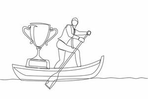 solteiro 1 linha desenhando homem de negocios em pé dentro barco e Navegando com troféu. água Esportes concorrência conceito. Navegando campeonato reconhecimento prêmio. contínuo linha desenhar Projeto vetor ilustração