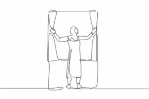 contínuo 1 linha desenhando costas Visão do jovem árabe mulher em pé e abertura janela cortinas. conceito do pessoa despertar acima dentro manhã para pegue fresco ar. solteiro linha Projeto vetor gráfico ilustração