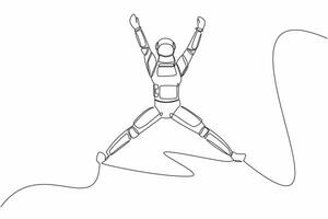 contínuo 1 linha desenhando feliz astronauta pulando com elevado dele braços e pernas. bem sucedido dentro nave espacial o negócio projeto. cosmonauta exterior espaço. solteiro linha desenhar gráfico Projeto vetor ilustração