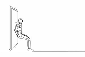 contínuo 1 linha desenhando do jovem astronauta empurrando porta com dele voltar. astronauta superação obstáculos dentro nave espacial expedição. cosmonauta exterior espaço. solteiro linha gráfico Projeto vetor ilustração