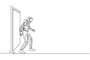 solteiro contínuo linha desenhando do jovem astronauta caminhando e deixando fechadas porta dentro lua superfície. Novo espaço interestelar expedição. cosmonauta profundo espaço. 1 linha gráfico Projeto vetor ilustração