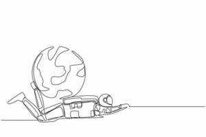 solteiro 1 linha desenhando do jovem astronauta debaixo pesado globo fardo dentro lua superfície. terra exploração, nave espacial industrial poluição. cósmico galáxia espaço. contínuo linha Projeto vetor ilustração