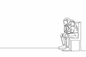 contínuo 1 linha desenhando depressivo astronauta sentado em cadeira pensando sobre pagando contas nave espacial companhia durante crise. cosmonauta exterior espaço. solteiro linha desenhar gráfico Projeto vetor ilustração