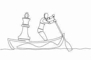 solteiro contínuo linha desenhando robô Navegando longe em barco com xadrez rei pedaço. estratégico mover para ganhando o negócio concorrência. futuro tecnologia desenvolvimento. 1 linha desenhar Projeto vetor ilustração