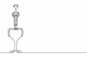 solteiro 1 linha desenhando costas Visão astronauta ficar de pé acima grande troféu e elevação acima vencedora copo a comemorar bem sucedido dentro espaço expedição. cósmico galáxia espaço. contínuo linha Projeto vetor ilustração