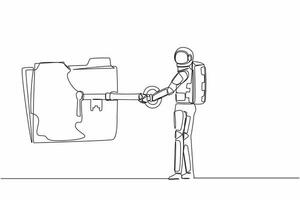 solteiro 1 linha desenhando jovem astronauta colocar chave para dentro pasta ícone. documento proteção e segredo em formação para nave espacial expedição. cósmico galáxia espaço. contínuo linha Projeto vetor ilustração