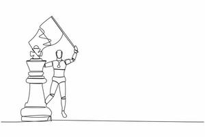 contínuo 1 linha desenhando robô acenando bandeira em rei xadrez peça metáfora do ganhar concorrência. humanóide robô cibernético organismo. futuro robô desenvolvimento. solteiro linha desenhar Projeto vetor ilustração