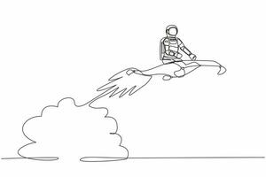 solteiro 1 linha desenhando do jovem astronauta equitação Magia tapete foguete vôo dentro lua superfície. espaço exploração aceleração. cósmico galáxia espaço conceito. moderno contínuo linha Projeto gráfico vetor