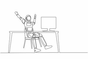 solteiro contínuo linha desenhando feliz astronauta sentado com elevado mãos perto escrivaninha com computador. comemoro bem sucedido dentro cósmico missão. cosmonauta profundo espaço. 1 linha desenhar Projeto vetor ilustração