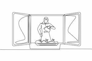 contínuo 1 linha desenhando árabe homem rega flores em a sacada. jovem cara fazendo jardinagem favorito passatempo. casa verde jardim, casa plantas crescente. solteiro linha Projeto vetor gráfico ilustração