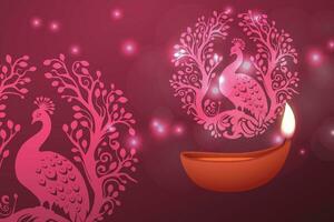 Rosa pavão Diwali, uma festivo ilustração com pavões e diya vetor