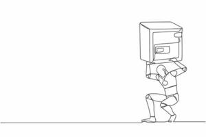 contínuo 1 linha desenhando cansado robô carregando pesado seguro depósito caixa em dele voltar. impacto dentro pandemia crise, falência às tecnologia indústria. robótico desenvolvimento. solteiro linha Projeto vetor ilustração