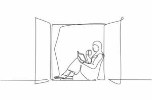 contínuo 1 linha desenhando árabe mulher em peitoril da janela lendo livro com copo do quente café ou chá. apreciar fresco ar dentro janela do sala. fique às lar. solteiro linha desenhar Projeto vetor gráfico ilustração