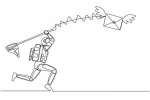 contínuo 1 linha desenhando do jovem astronauta experimentar para pegando vôo enviar com borboleta líquido. mensagem a partir de nave espacial exploração. cosmonauta exterior espaço. solteiro linha gráfico Projeto vetor ilustração