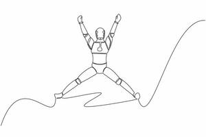 solteiro 1 linha desenhando feliz robô pulando com elevado dele braços e pernas. sucesso tecnologia o negócio projeto. artificial inteligência. tecnologia indústria. contínuo linha desenhar Projeto vetor ilustração