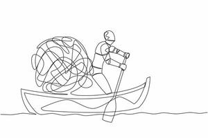 contínuo 1 linha desenhando robô Navegando longe em barco com bagunçado linha. caótico, ansiedade pensado dentro tecnologia empresa. humanóide robô cibernético organismo. solteiro linha desenhar Projeto vetor gráfico ilustração