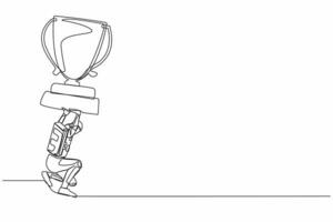 solteiro 1 linha desenhando jovem astronauta carregando pesado troféu em dele costas dentro lua superfície. astronauta falhou para alcançar exploração metas. cósmico galáxia espaço. contínuo linha Projeto vetor ilustração