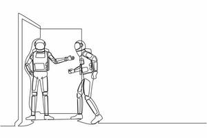 solteiro contínuo linha desenhando jovem astronauta às a porta congratula-se com dele amigo em. astronauta convidativo dele amigo para pegue para dentro dele casa. cosmonauta profundo espaço. 1 linha gráfico Projeto vetor ilustração