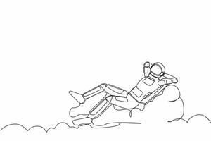 solteiro contínuo linha desenhando do jovem astronauta relaxante deitado em nuvens depois de buraco de minhoca exploração. futuro tecnologia desenvolvimento. cosmonauta profundo espaço. 1 linha gráfico Projeto vetor ilustração