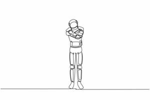 solteiro contínuo linha desenhando astronauta abraçando ele mesmo com positivo emoção. carismático astronauta abraço a si mesmo dentro lua superfície. cosmonauta profundo espaço. 1 linha gráfico Projeto vetor ilustração