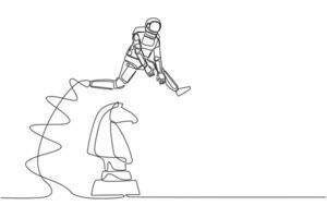 solteiro 1 linha desenhando astronauta pulando sobre xadrez cavalo cavaleiro. cérebro inteligência para nave espacial projeto. tático movimento. cósmico galáxia espaço. contínuo linha gráfico Projeto vetor ilustração