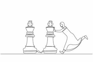 contínuo 1 linha desenhando ativo árabe empresária empurrar enorme rei xadrez peça para batida outro rei. o negócio estratégia, marketing plano, ganhando jogos jogar. solteiro linha desenhar Projeto vetor ilustração