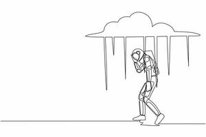 contínuo 1 linha desenhando jovem astronauta caminhando debaixo chuva nuvem. solidão dentro nublado clima. espaço companhia falência . cosmonauta exterior espaço. solteiro linha gráfico Projeto vetor ilustração
