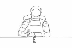 contínuo 1 linha desenhando do jovem astronauta sentado e comovente frente xadrez rei pedaço. tática e estratégia dentro espaço empresa. cosmonauta exterior espaço. solteiro linha gráfico Projeto vetor ilustração