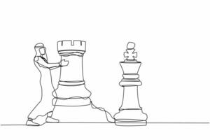 solteiro contínuo linha desenhando árabe homem de negocios segurando torre xadrez pedaço. estratégico planejamento, o negócio desenvolvimento jogos estratégia, táticas dentro empreendedorismo. 1 linha desenhar Projeto vetor ilustração