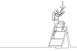 solteiro contínuo linha desenhando jovem astronauta eletricista em escada mudança luz lâmpada. astronauta habilidade para reparar operativo sistema. cosmonauta profundo espaço. 1 linha gráfico Projeto vetor ilustração