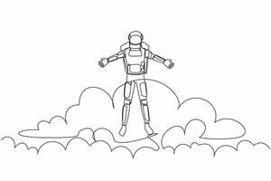 contínuo 1 linha desenhando jovem astronauta em topo do nuvem com elevado mão. bem sucedido futuro nave espacial tecnologia desenvolvimento. cosmonauta exterior espaço. solteiro linha gráfico Projeto vetor ilustração
