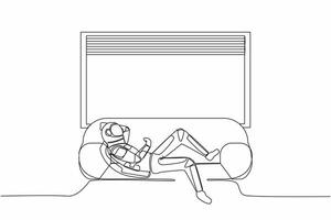 contínuo 1 linha desenhando astronauta deitado em sofá perto peitoril da janela às casa dentro lua superfície. gastos tempo, relaxante depois de trabalhar. cosmonauta exterior espaço. solteiro linha gráfico Projeto vetor ilustração