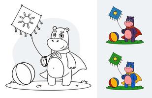 página do livro de cores do vetor com hipopótamo em pé na grama com uma pipa na mão