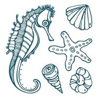 ilustração de contorno de doodle de vetor de cavalos-marinhos, estrelas do mar e conchas do mar