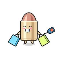 desenho de mascote bala segurando uma sacola de compras vetor
