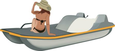 mulher dentro roupa de banho em período de férias em uma pedal barco- vetor