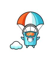 desenho animado do mascote do balde de plástico fazendo paraquedismo com um gesto feliz vetor