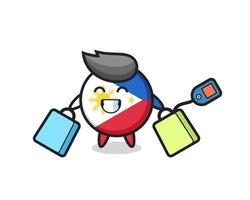 desenho animado mascote do emblema da bandeira das Filipinas segurando uma sacola de compras vetor