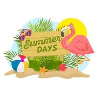 cena de verão com placa de madeira, flamingo e palmeiras vetor