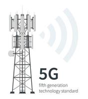 Fundo branco das estações base do mastro com tecnologia 5g vetor