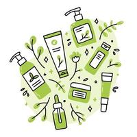 cosméticos orgânicos naturais ecológicos em estilo doodle vetor