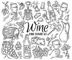 conjunto linear de vetor com vinho e queijo no estilo de desenho de doodle