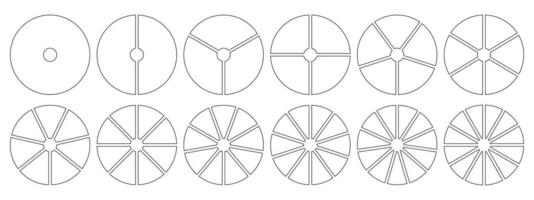 torta gráfico modelos. círculo dividido em 1, 2, 3, 4, 5, 6, 7, 8, 9, 10, 11, 12 igual fatias. roda diagramas com um, dois, três, quatro, cinco, seis, Sete, oito, nove, dez, onze, doze setores. vetor