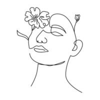 rosto de mulher uma linha de arte com flor vetor