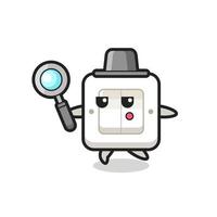 personagem de desenho animado com interruptor de luz pesquisando com uma lupa vetor