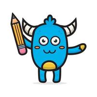 desenho animado monstro azul fofo segurando lápis vetor